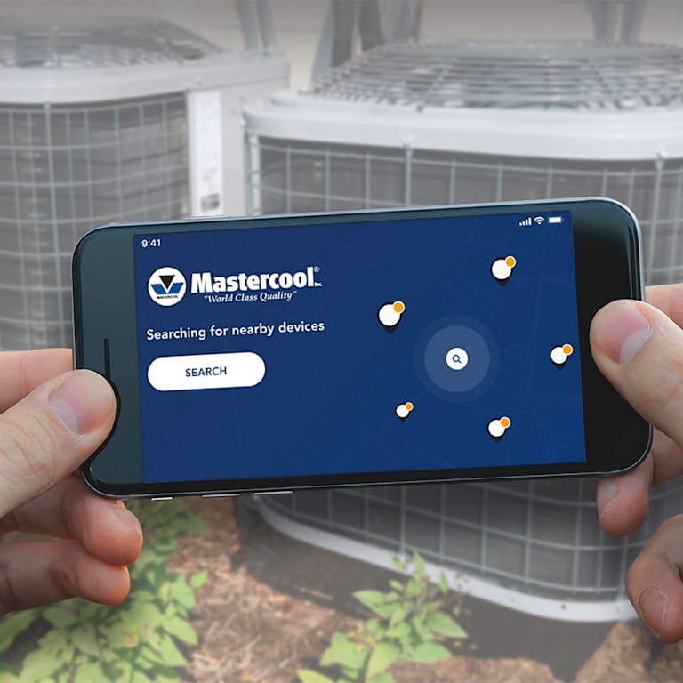 Mastercool Connect app searching for nearby Bluetooth devices at an outdoor HVAC unit