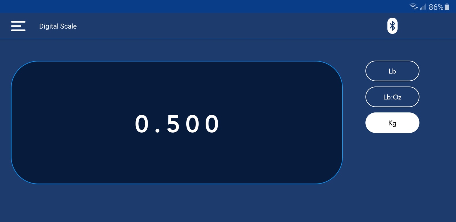 Mastercool Connect app screen showing live scale reading in kilograms