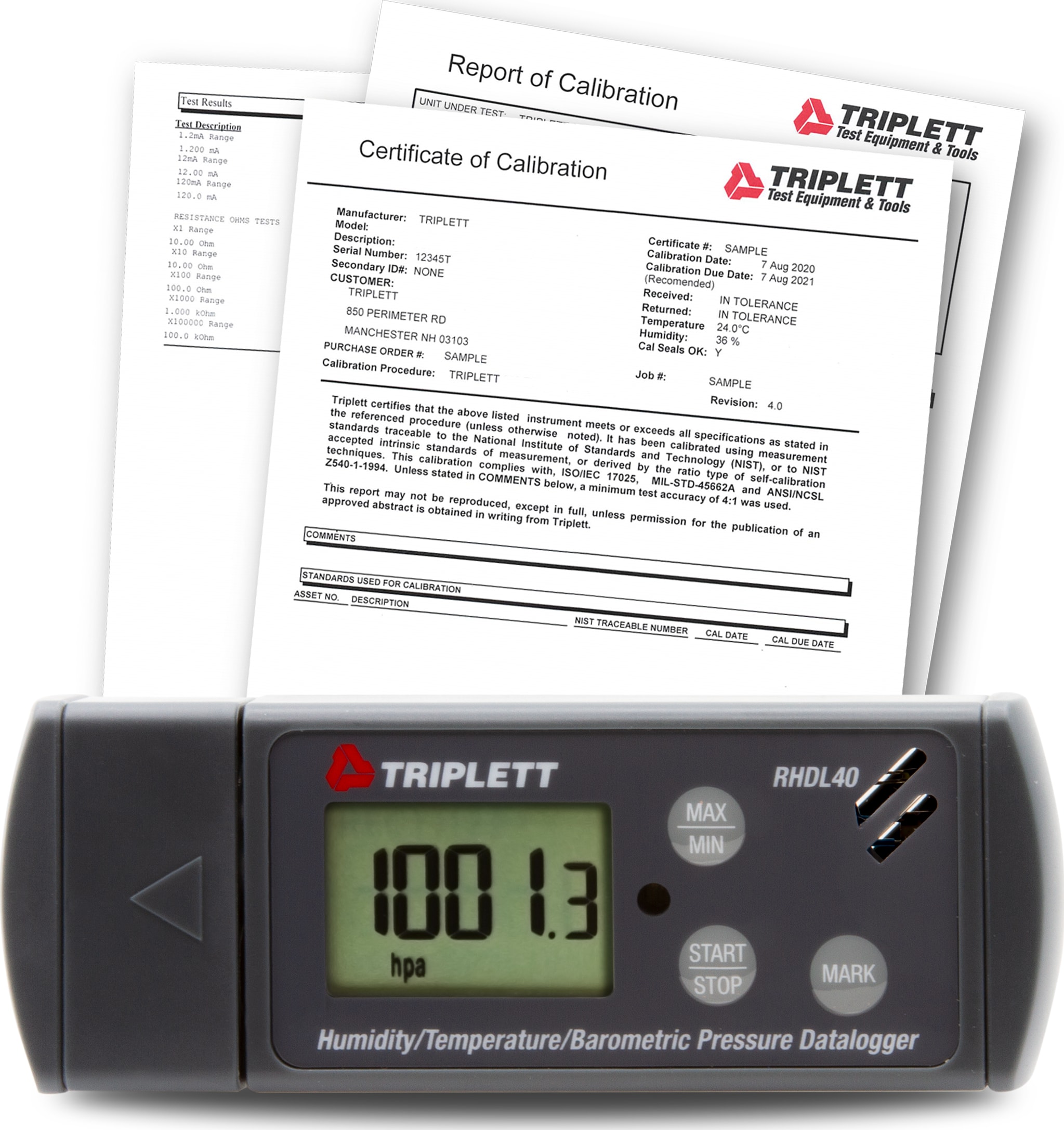 Triplett RHDL40-NIST - Temperature/ Humidity/Barometric Pressure PDF Datalogger with Cert. of Traceability to NIST