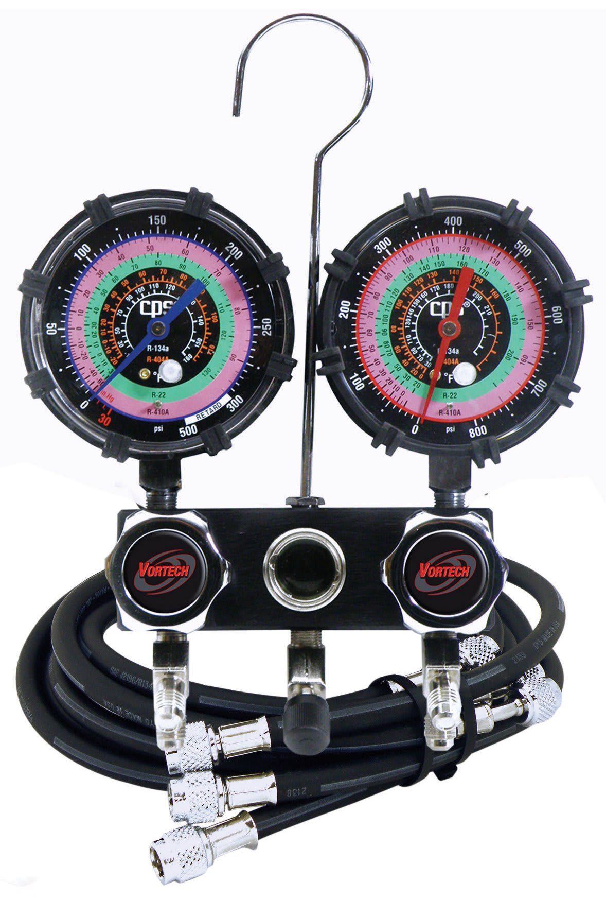 Multicolored CPS MBHP5 BLACKMAX 2 Piston Valve Manifold Set W/Hoses for R-22 R-404a R-410a Multicolored CPS MBHP5 BLACKMAX 2 Piston Valve Manifold Set W/Hoses for R-22 R-404a R-410a