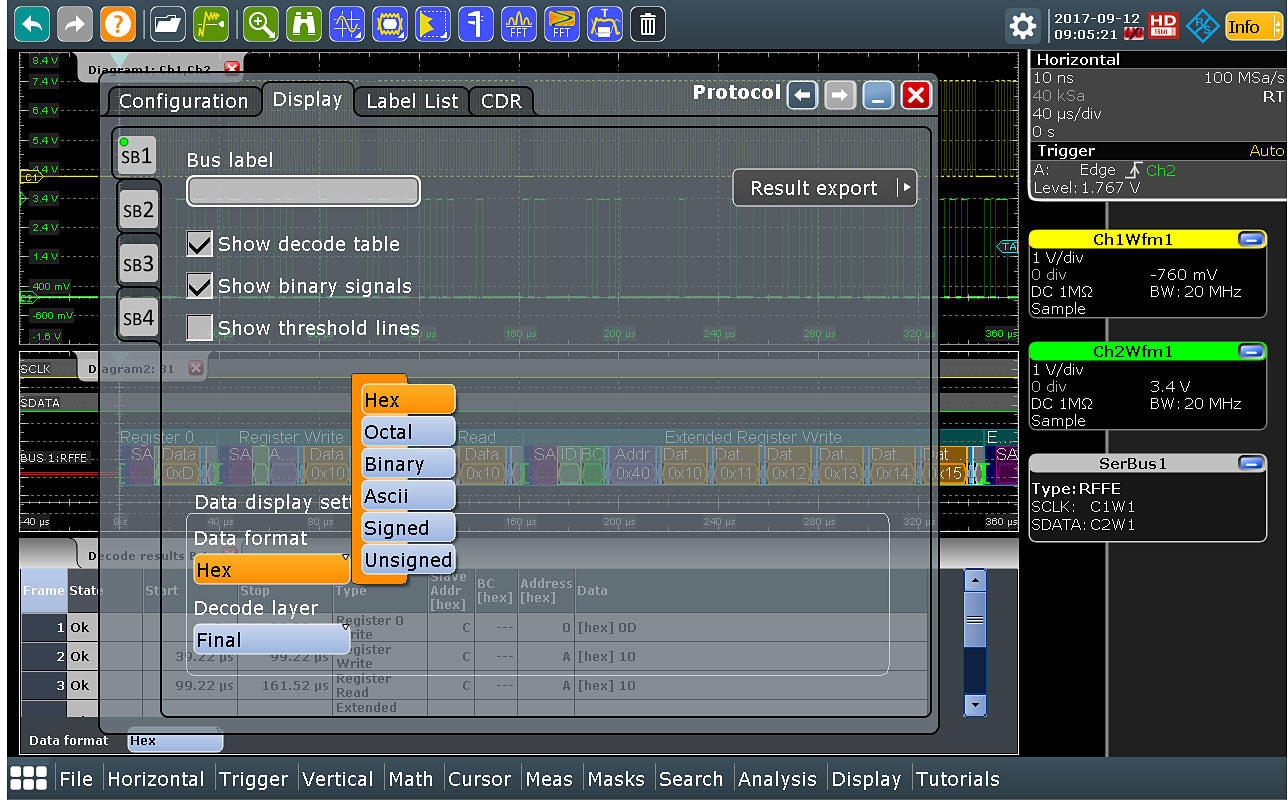 Protocol display as color-coded bus signals and in decode table