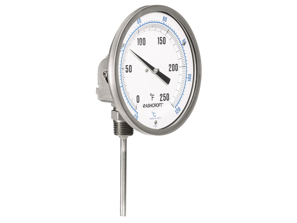 Ashcroft EL Bimetal Liquid Filled Thermometers, 5 inch Dial Size, ±1%,  Configure Model: Temperature Ranges from –40/160°F to 50/550°F, –20/120°C  to 0/300°C, Stem Lengths: 2-1 / 2 to 36 inch, Everyangle