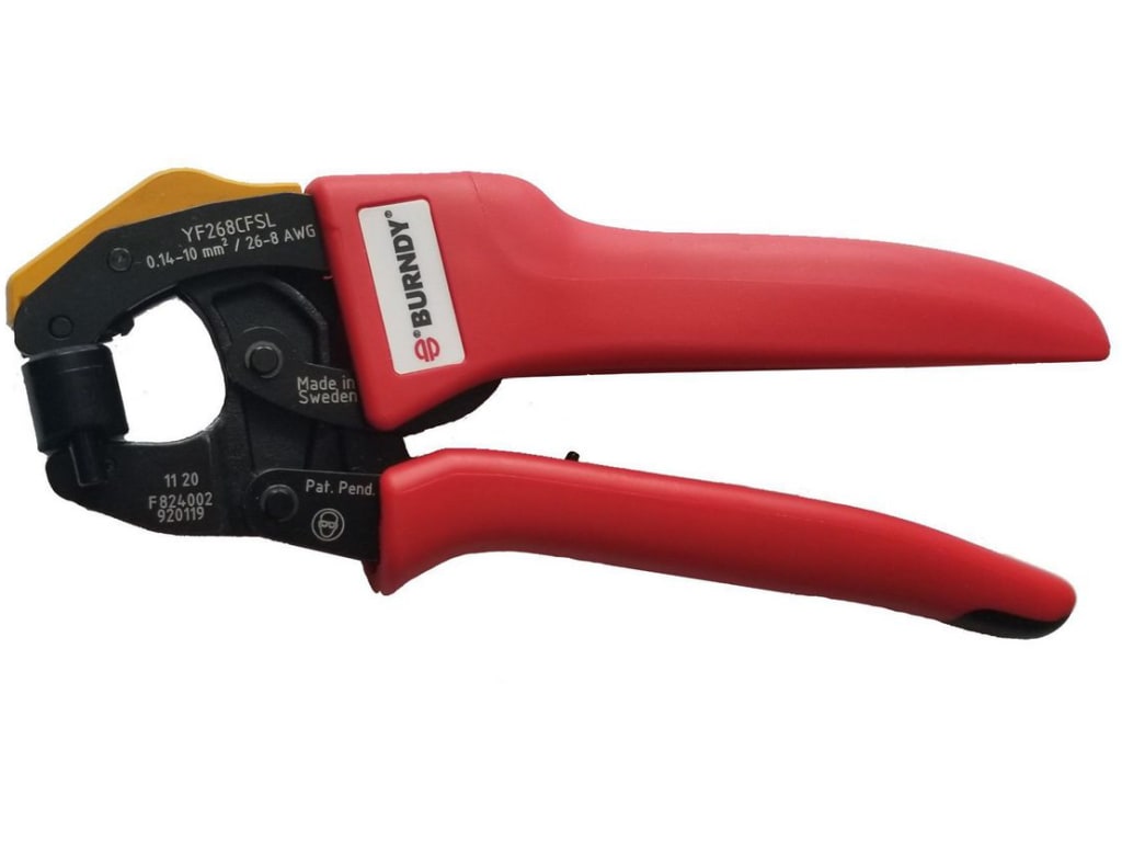 Burndy YF268CFSL Ratchet Crimper for Bare and Covered Ferrules, 268 AWG, Side and Front