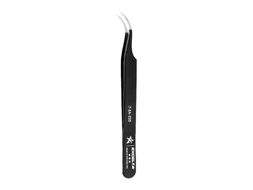 Excelta 7SAESD 45° Curved Tapered Very Fine Precision Point Tweezer