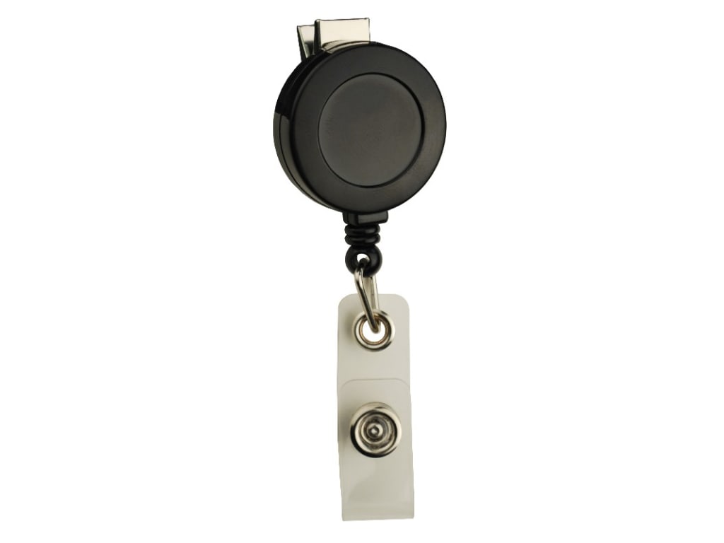 Black Round Badge Reel with Strap and Swivel Clip