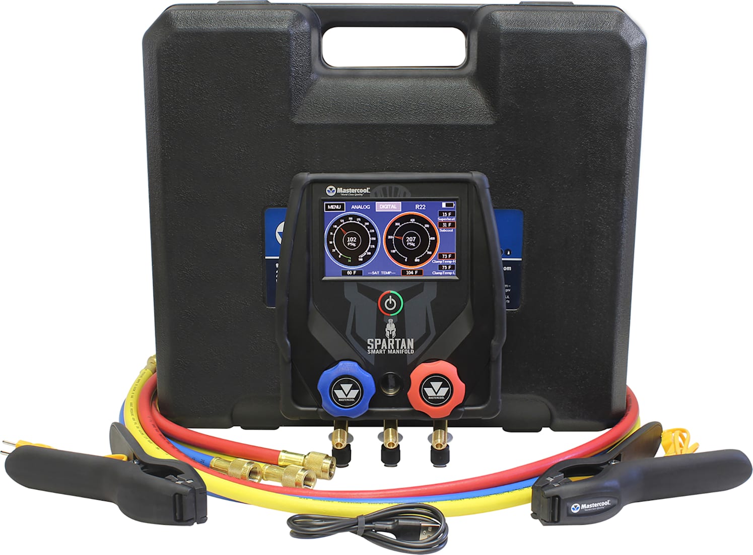 Mastercool 99926-BT-2 - SPARTAN Smart Manifold (2 Way, with Two Clamps, 60" RYB Hoses, and Case)