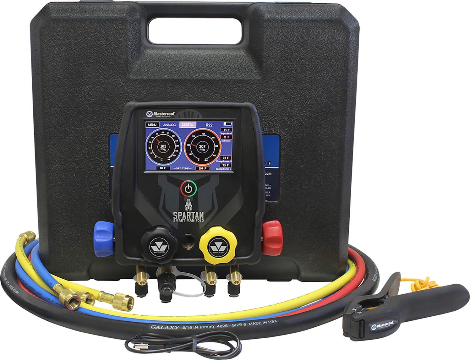 Mastercool 99946-BT - SPARTAN Smart Manifold (4 Way, with One Clamp, 60" RYB/Vacuum Hoses, and Case)