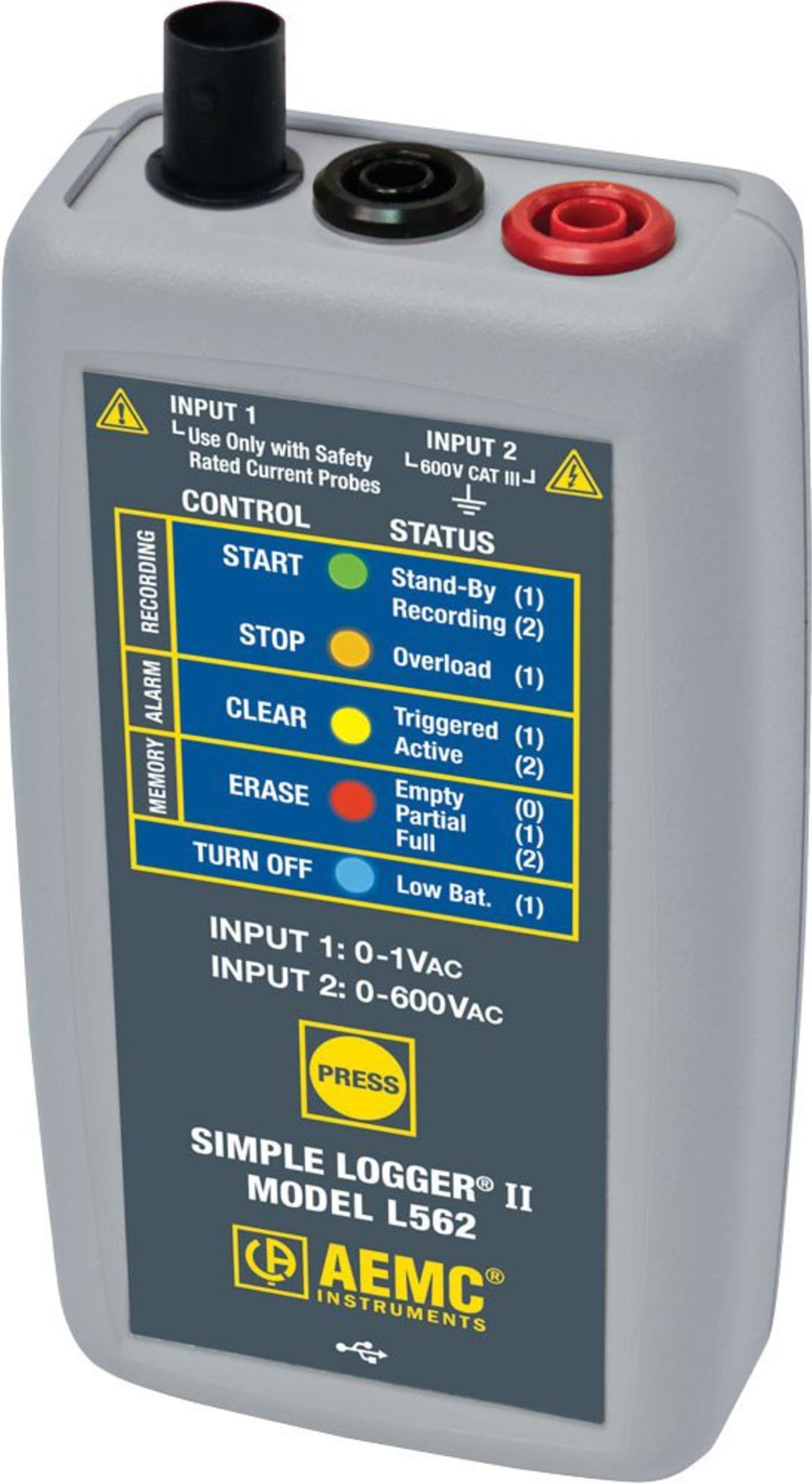 AEMC L562 Two-Channel Voltage and Current Simple Logger II, 600V Voltage, 1V Current