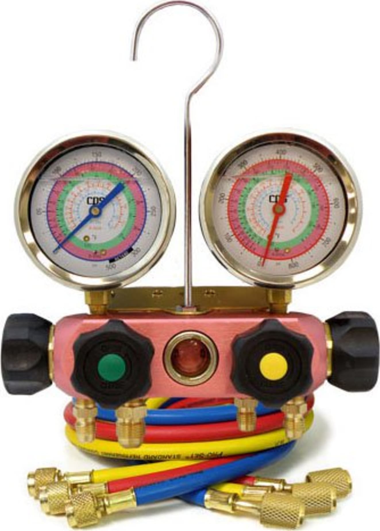 CPS MV13H3P5A Vortech Deep Vacuum 4 Valve Manifolds, Oil Filled Gauges, with 5' Anti-Blowback Hose Set