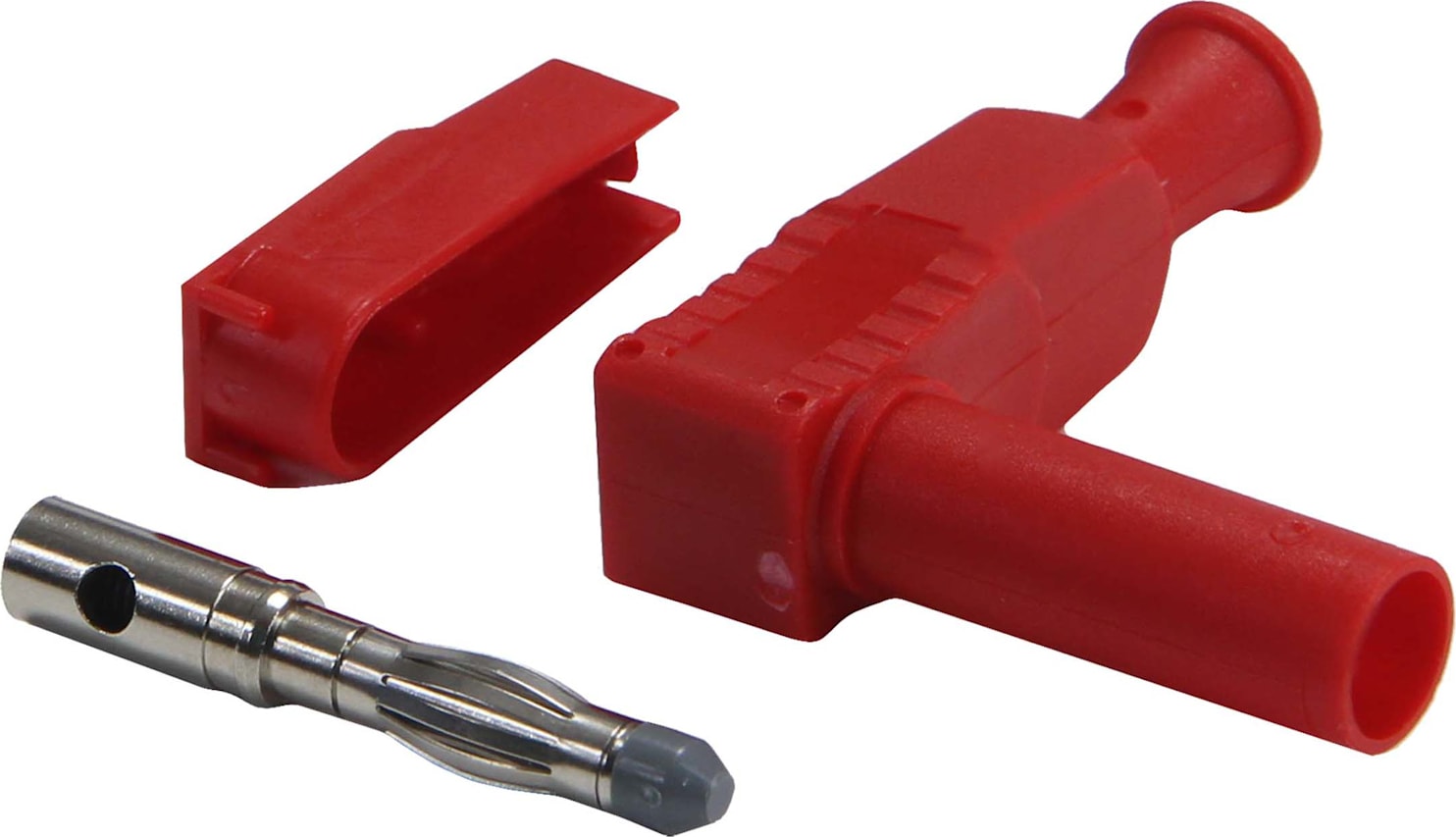 Cal Test CT3203-S-5 Individual, Fully Insulated 4 mm Banana Plug, DIY Fixed Sheath, Right-Angle, Solder and Solderless Versions