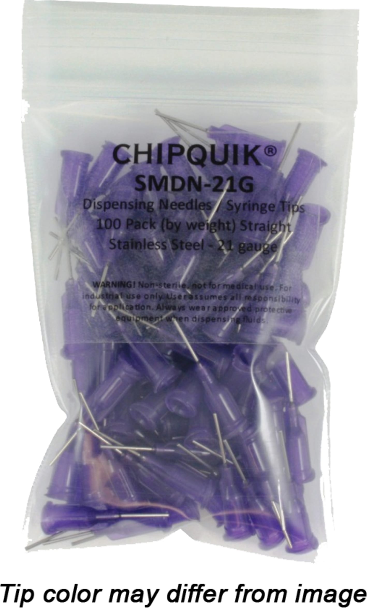 Chip QuikSMDN-21G Dispensing Needles / Syringe Tips 100 Pack Straight Stainless Steel - 21 Gauge Color Violet
