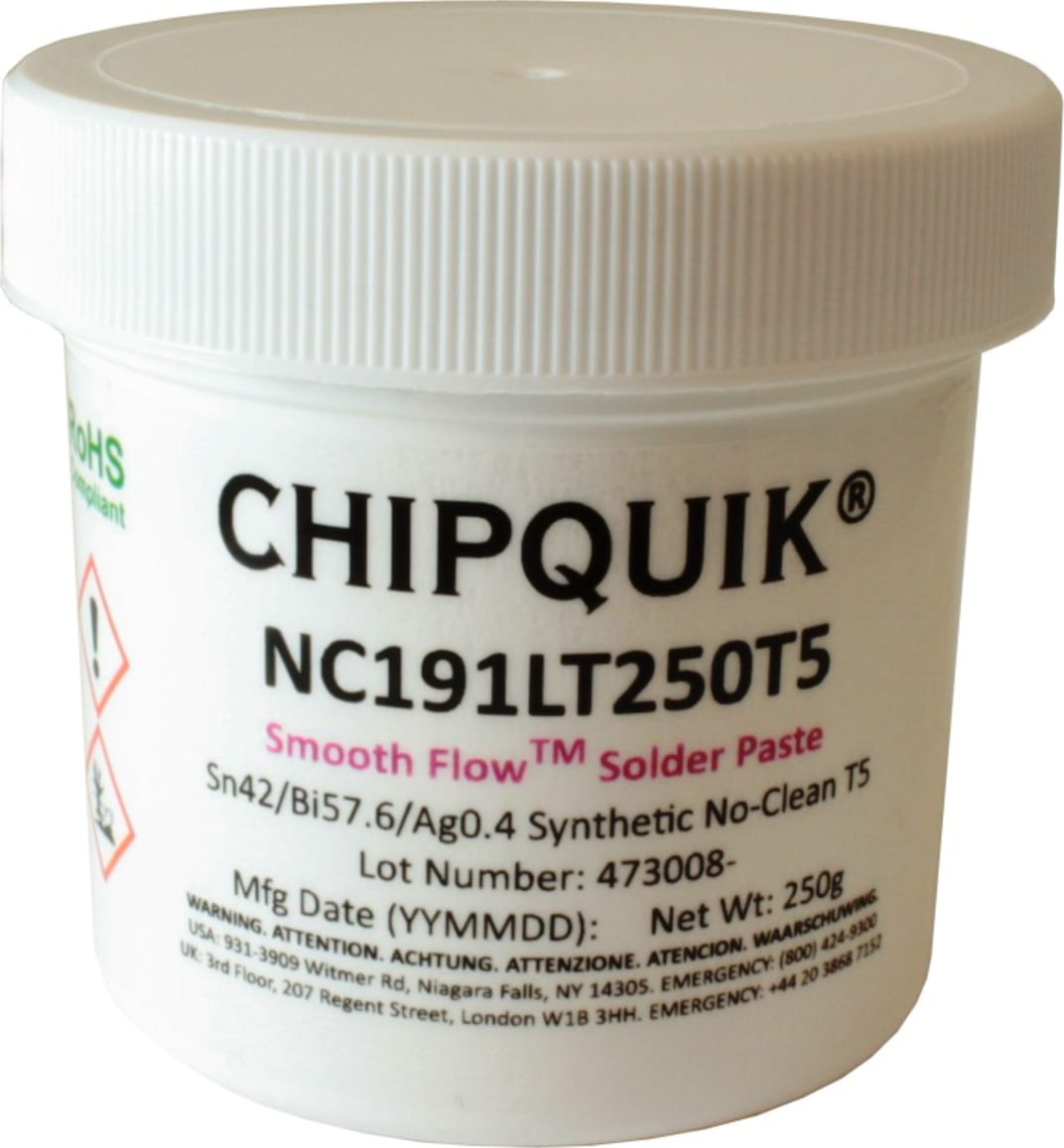 Chip Quik NC191LT250T5 - Smooth Flow Low Temp Solder Paste, Sn42/Bi57.6/Ag0.4, T5 (250g Jar)