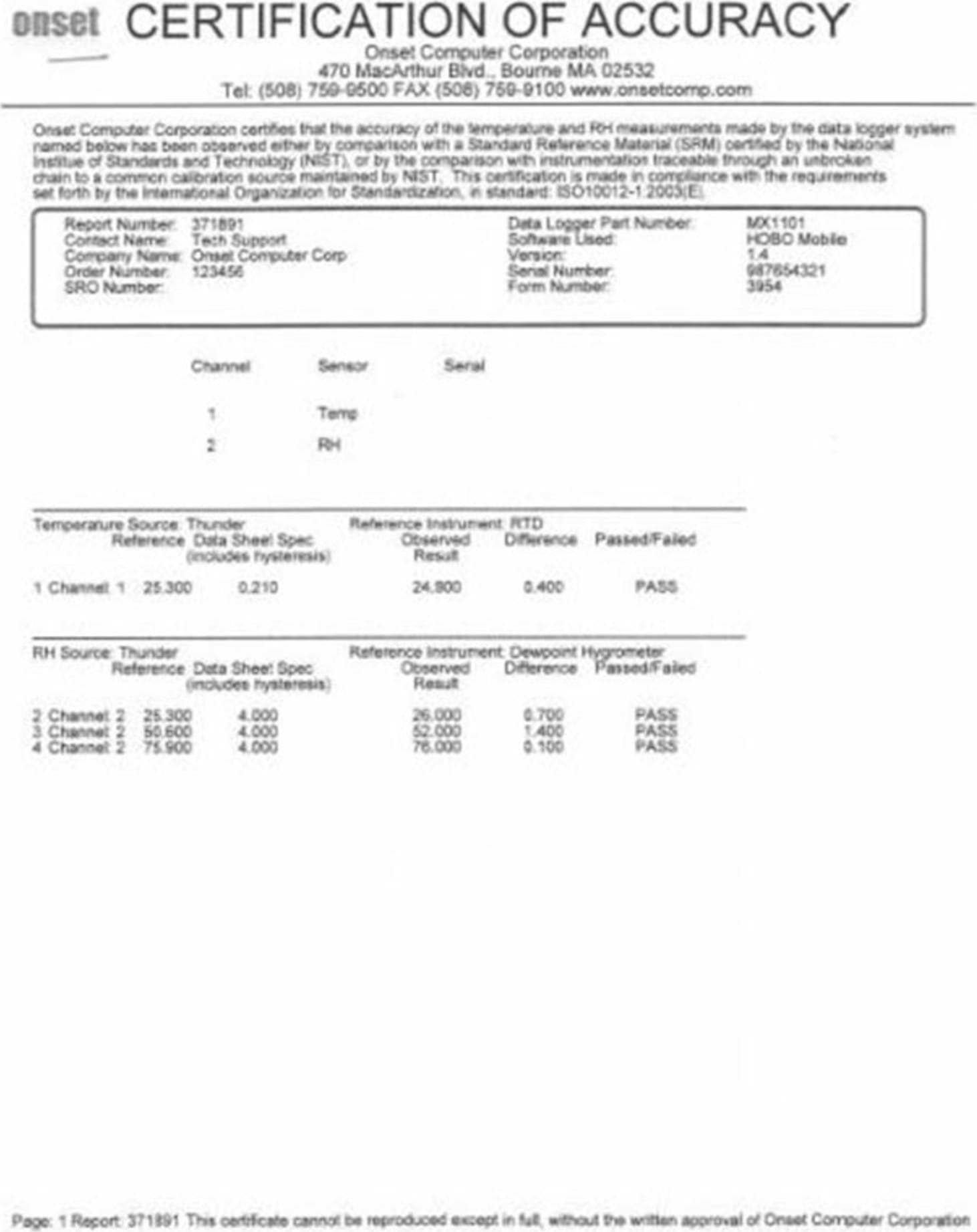 HOBO by Onset NIST-RH-Threepoint NIST Calibration Service Certification