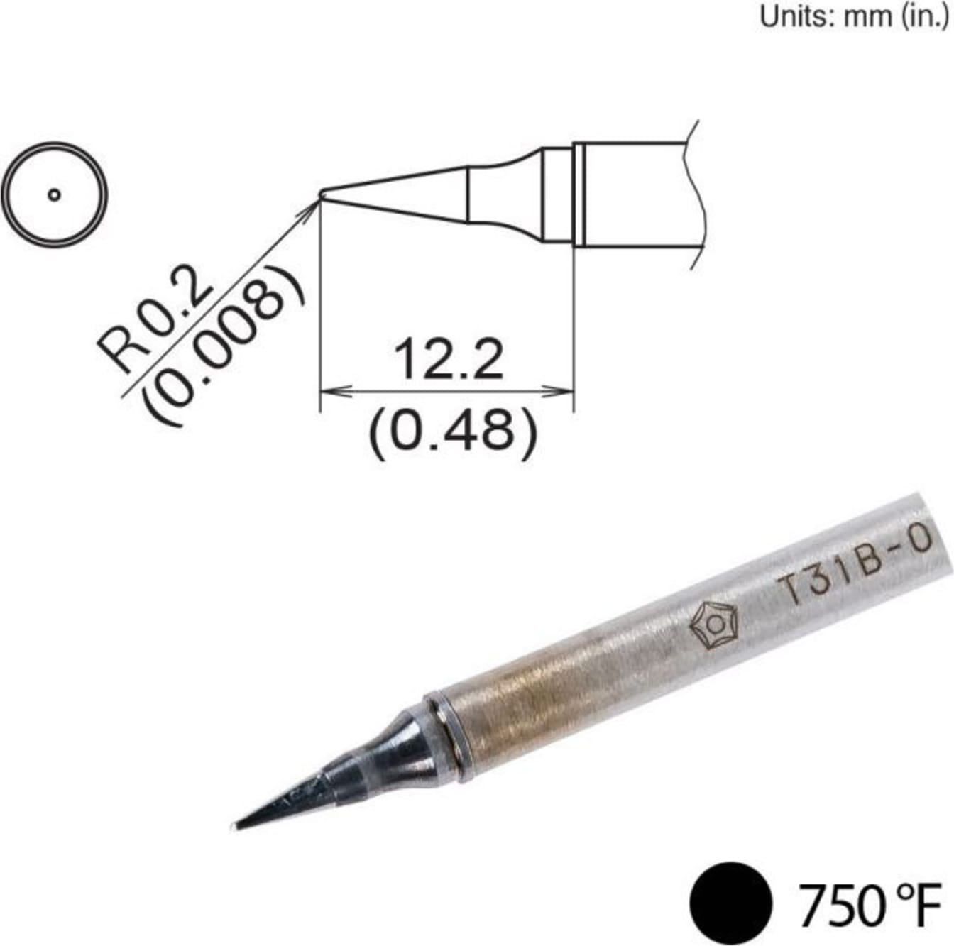 Hakko T31B-02IL - Conical Tip, R0.2mm x 12.2mm, 400°C/750°F