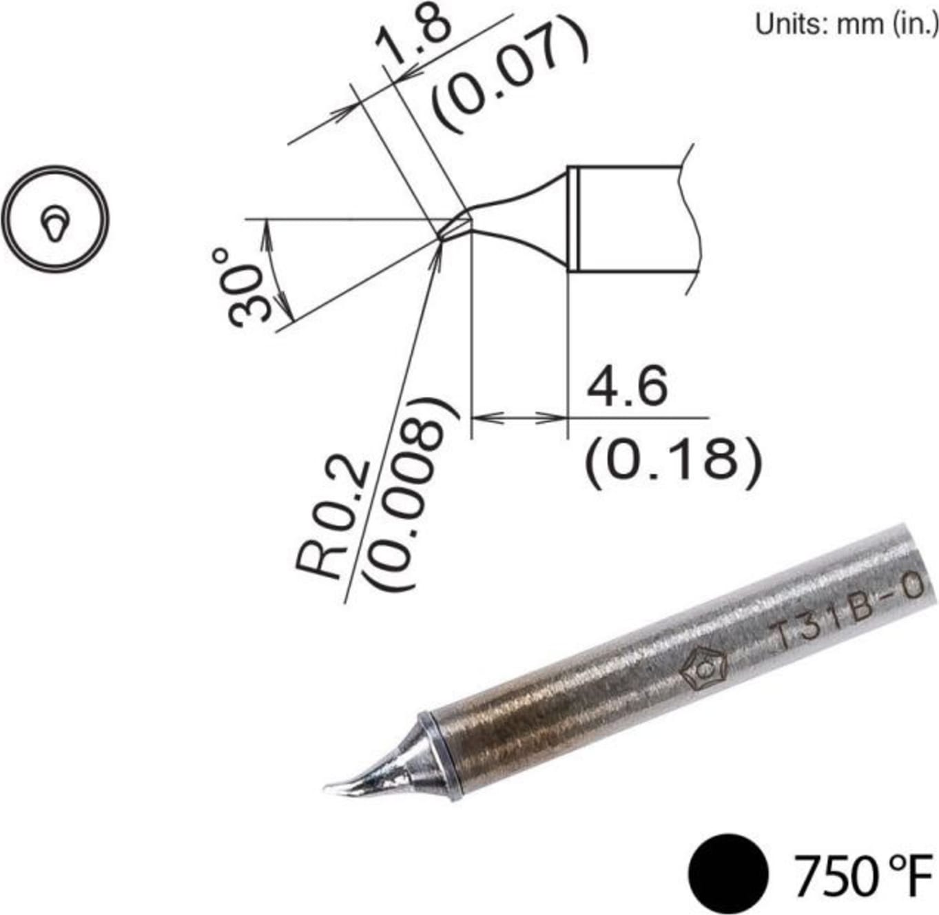 Hakko T31B-02JS02 - Bent Tip, R0.2mm/30° x 1.8mm x 4.6mm, 400°C/750°F