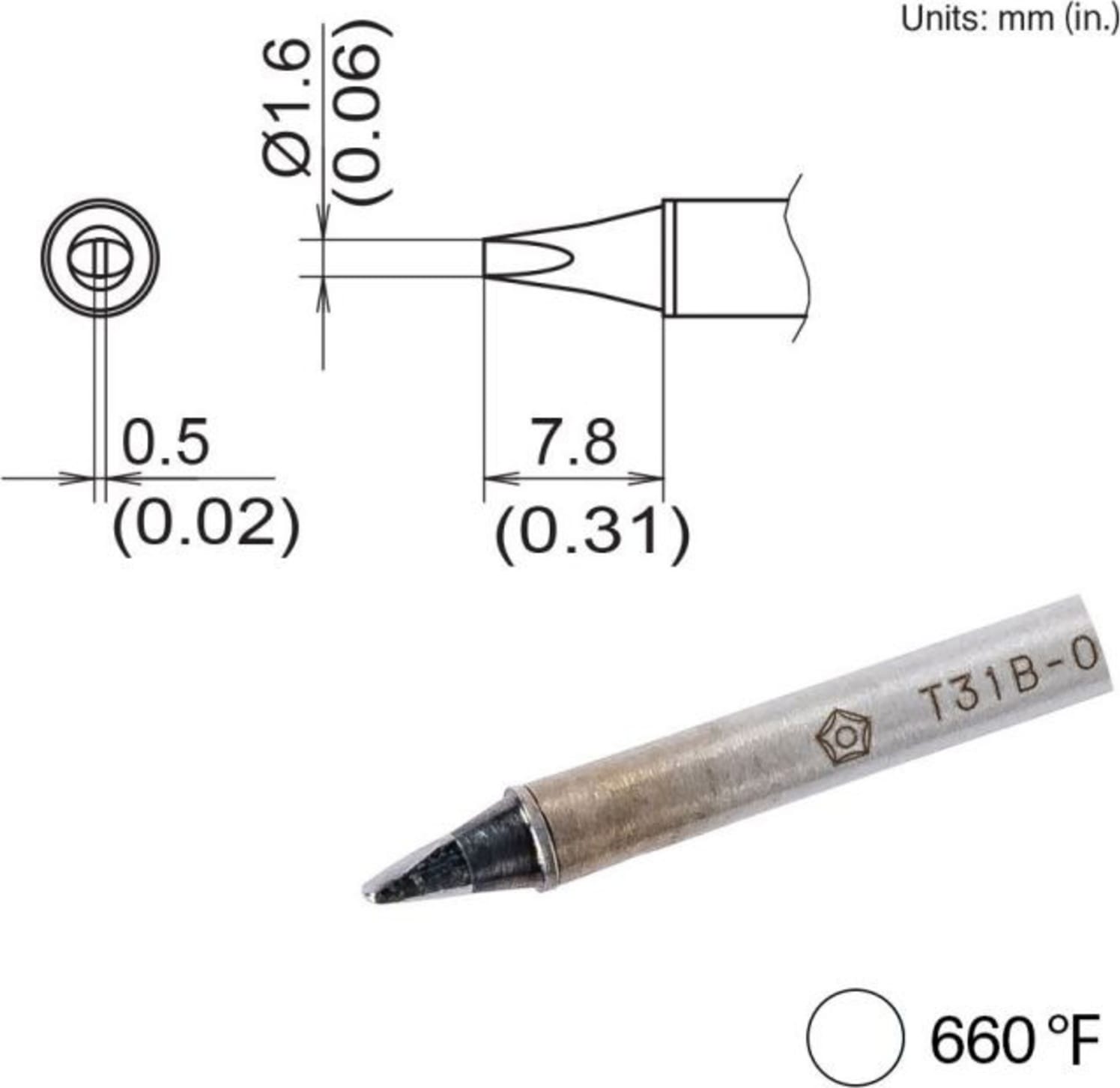 Hakko T31B-03D16 - Chisel Tip, 1.6mm x 7.8mm, 350°C/660°F