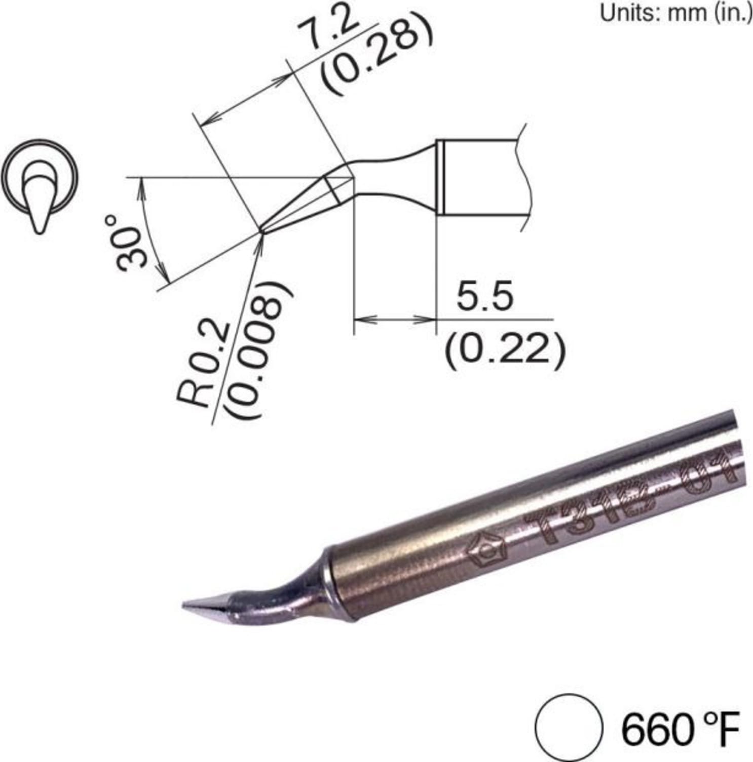 Hakko T31B-03JL02 - Bent Tip, R0.2mm/30° x 7.2mm x 5.5mm, 350°C/660°F