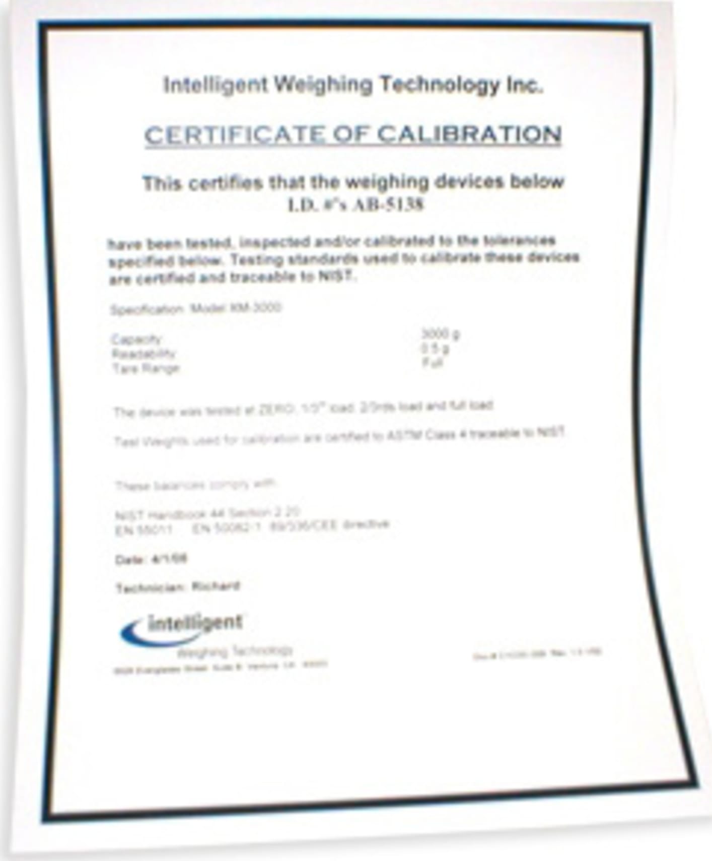 IntelWeigh 11817 - Certificate of Calibration (Official Record)