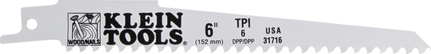 Klein Tools 31716 Reciprocating Saw Blade, 6" (152 mm), .050 wide, 6 TPI, for Wood with Nails