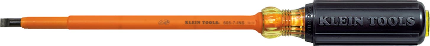 Klein Tools 605-7-INS 7" Round-Shank Screwdriver, 1/4" Cabinet Tip, Insulated