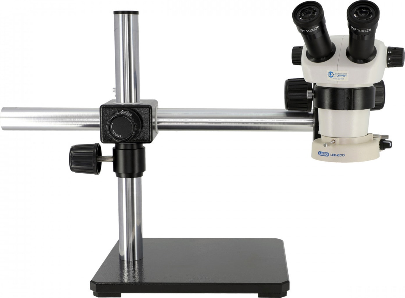 LX Microscopes by Unitron 230-LEDECO - Binocular Stereo Microscope with Single Arm Boom Stand and LED-ECO