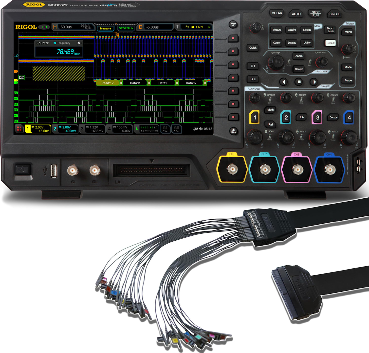 Rigol MSO5072 LA KIT - Two Channel, 70 MHz Mixed Signal Oscilloscope with PLA2216 Logic Probe