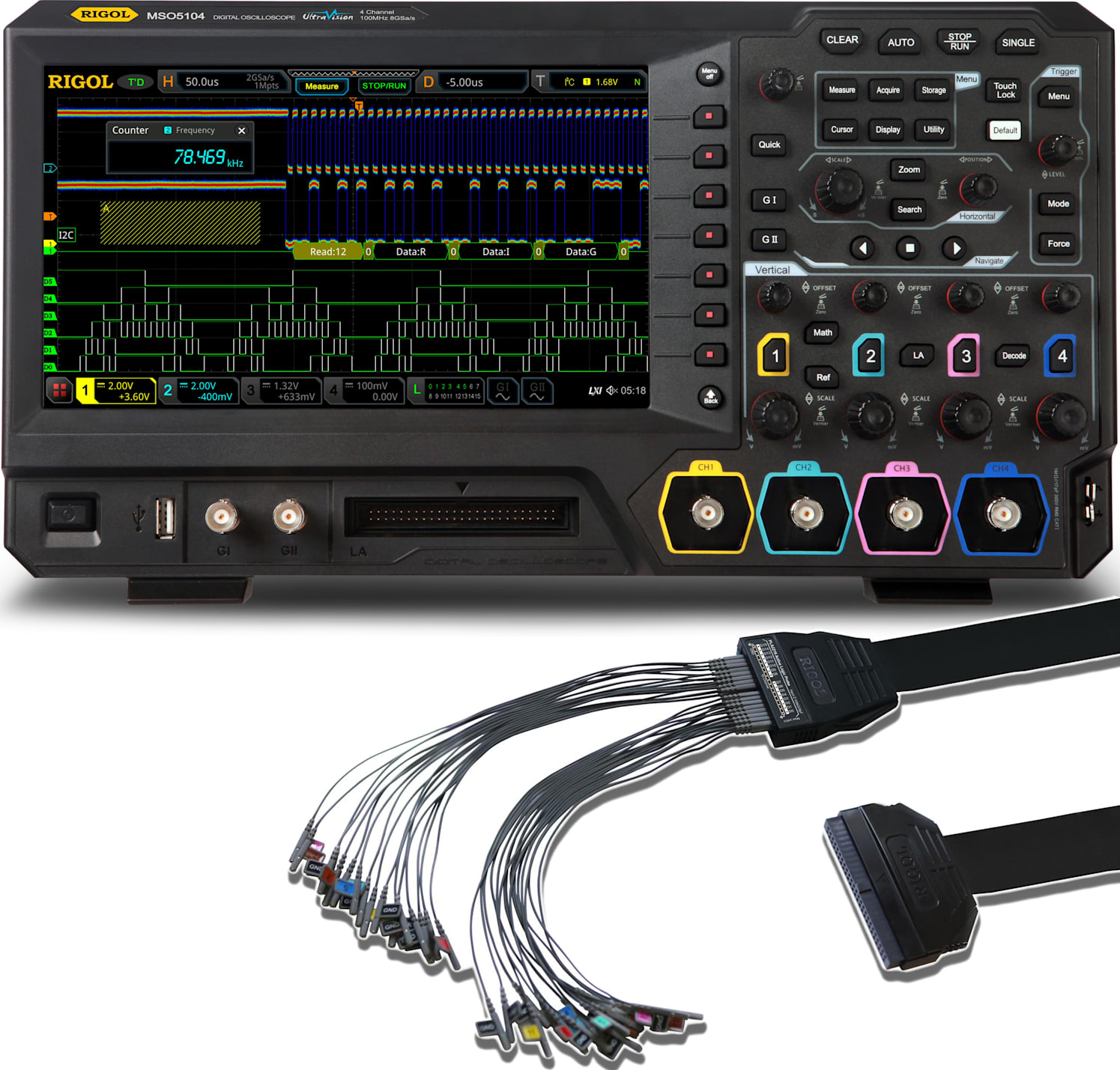 Rigol MSO5104 LA KIT - Four Channel, 100 MHz Mixed Signal Oscilloscope with PLA2216 Logic Probe