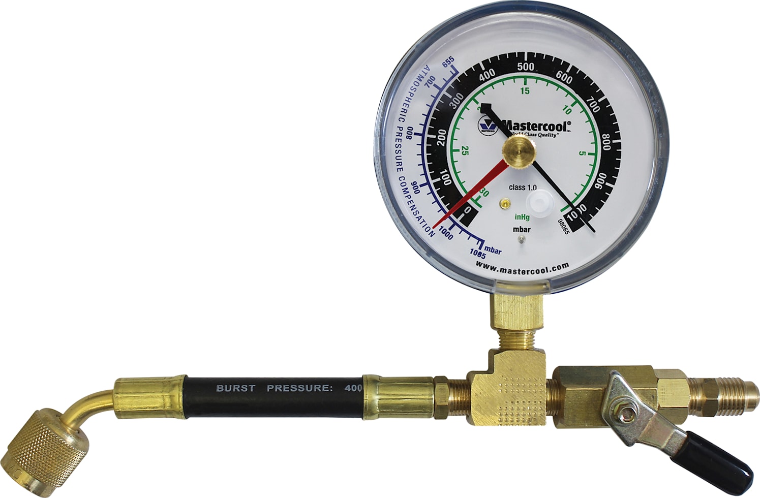 Mastercool 98067-R - Analog Vacuum Gauge with Control Valve 1/4" Flare Female x 1/4" Flare Male