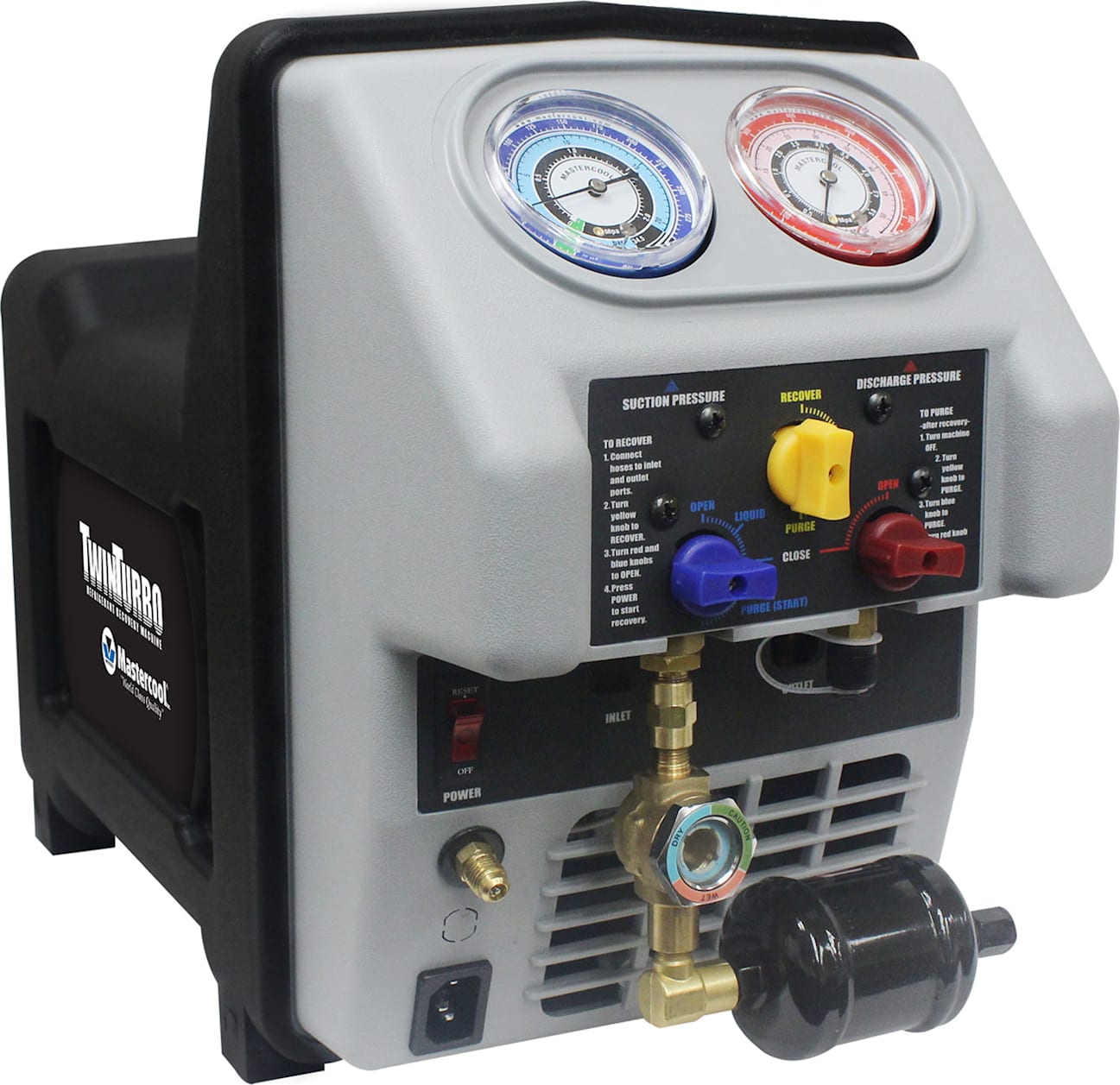 Mastercool 69350 - Dual Piston Recovery Mach w/Oil Sep Module, Drier and Sightglass, 110V