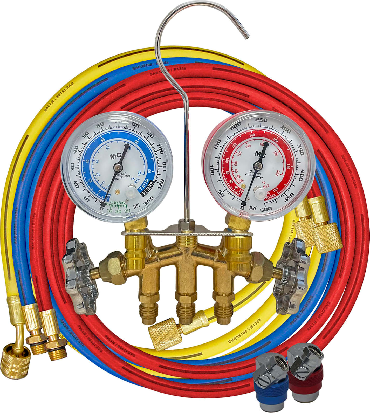 Mastercool 83161 - R134a 2-Way Brass Manifold 3 1/8-Inch Gauge Set with E-Z SNAP Couplers - 72-Inch Hoses