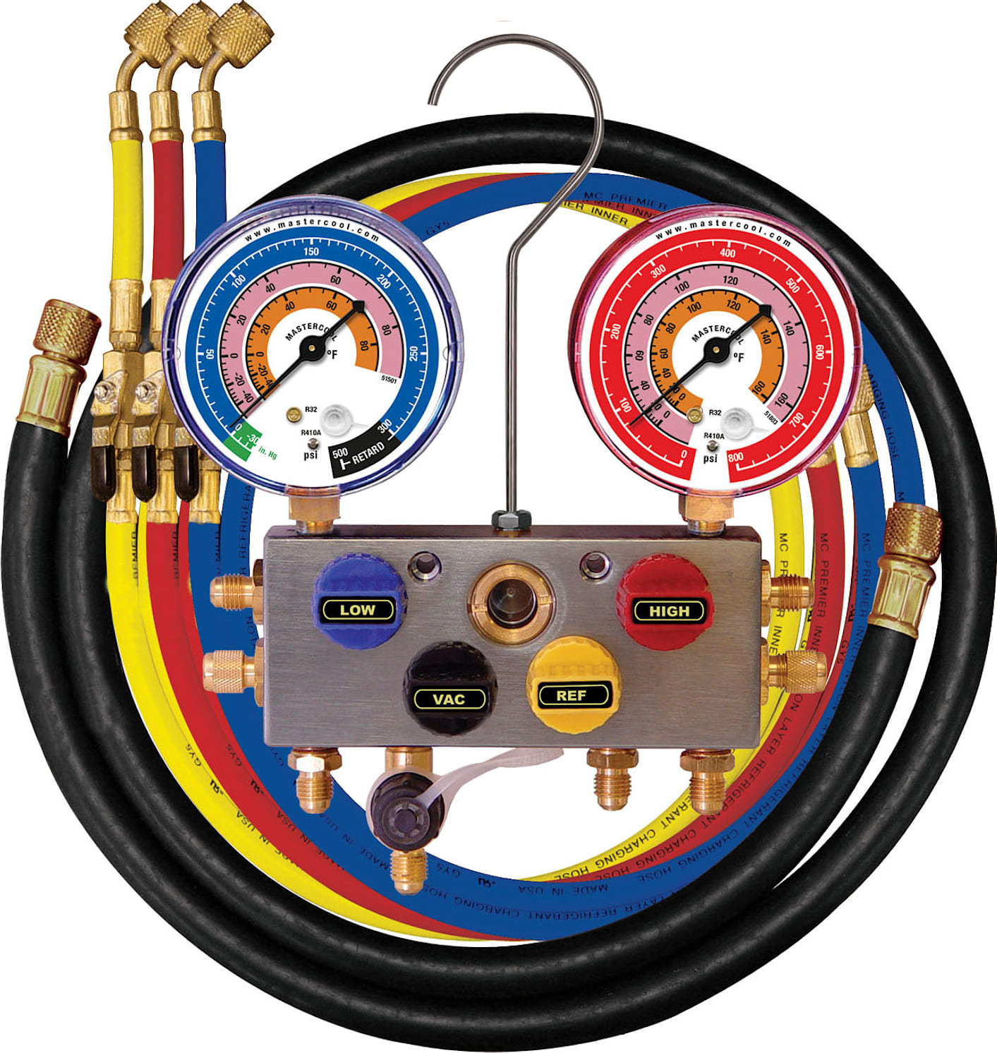 Mastercool 95536 - R410A, 4-Way Aluminum Manifold 3 1/8-Inch Gauge Set - 36-Inch Hoses