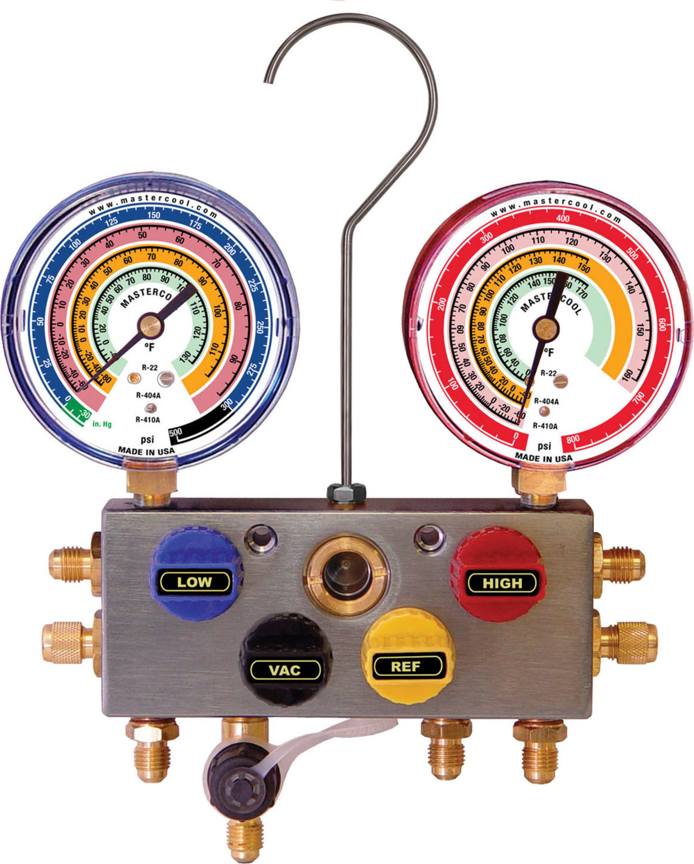 Mastercool 96303 - R410A, R22, R404A 4-Way Aluminum Manifold with 3 1/8-Inch Gauges