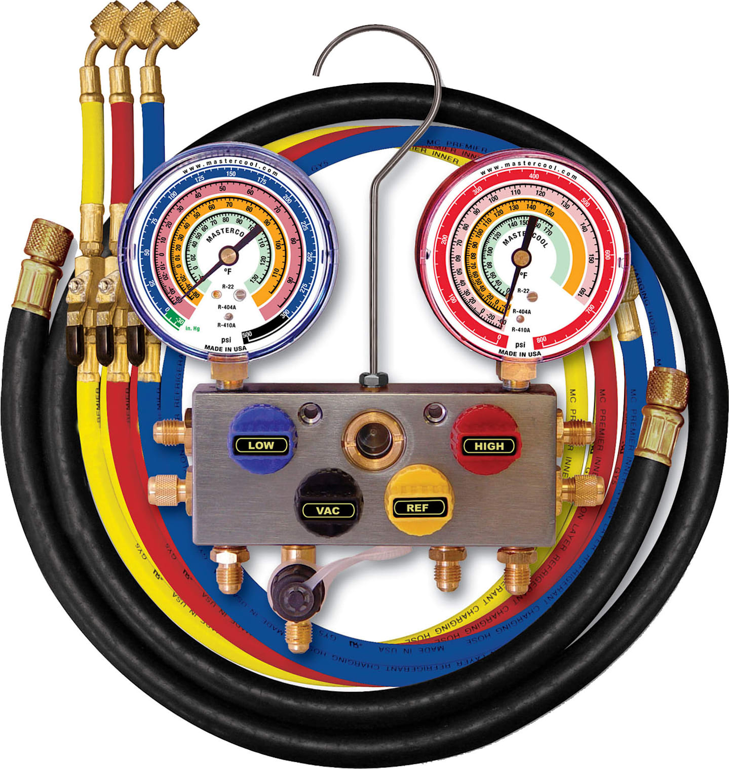 Mastercool 96361 - R410A, R22, R404A 4-Way Aluminum Manifold Gauge 3 1/8-Inch Set - 60-Inch Hoses