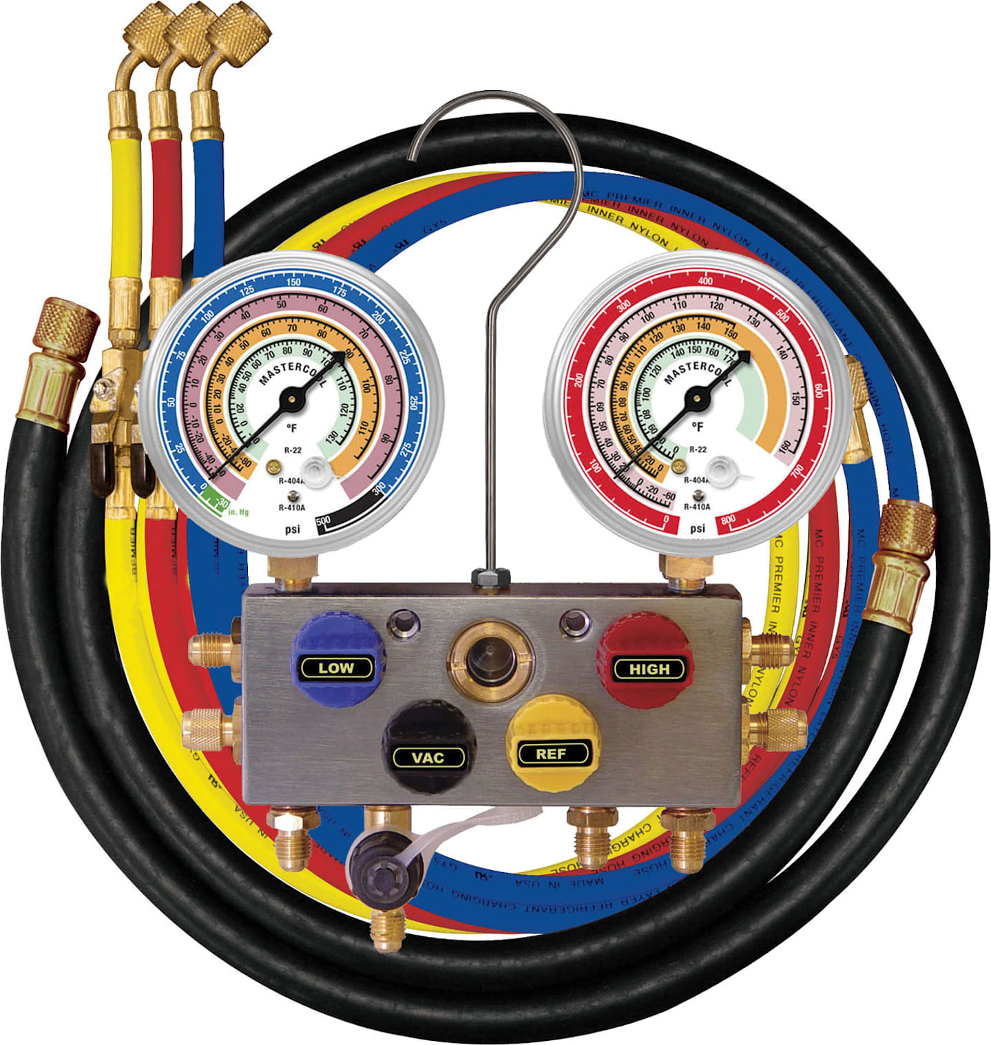Mastercool 96572 - R410A, R22, R404A 4-Way Aluminum Manifold 3 1/8-Inch Gauge Set - 72-Inch Hoses