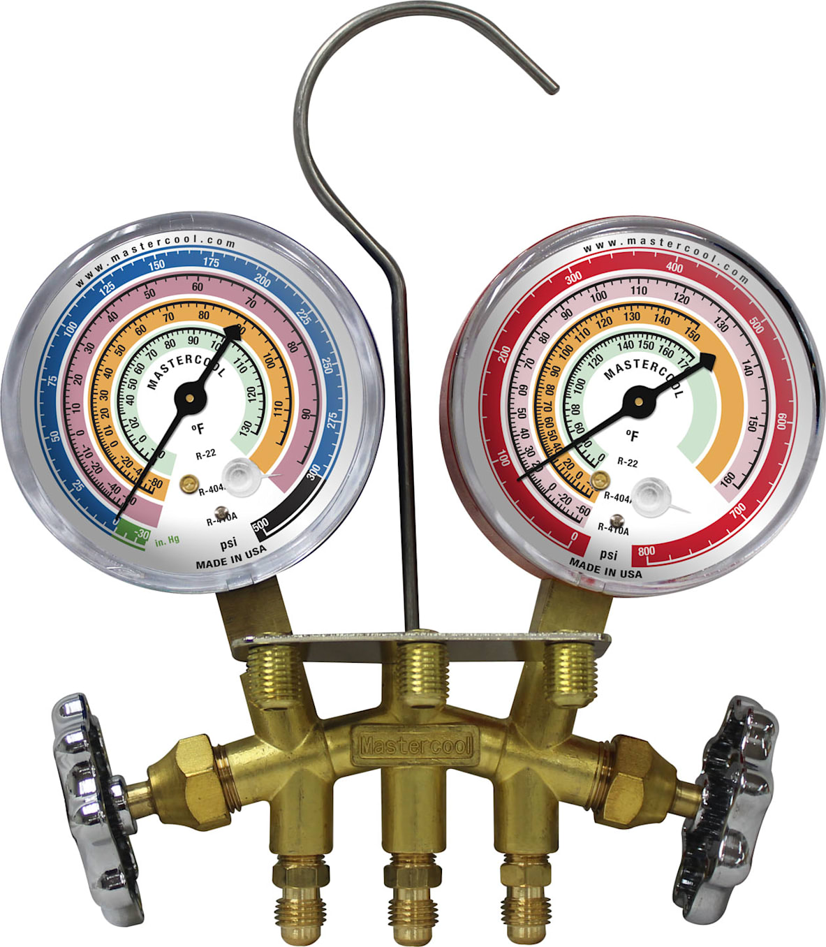 Mastercool 59103-J - R410A 2-Way Brass Manifold with Gauges Only (1/2-20 UNF)