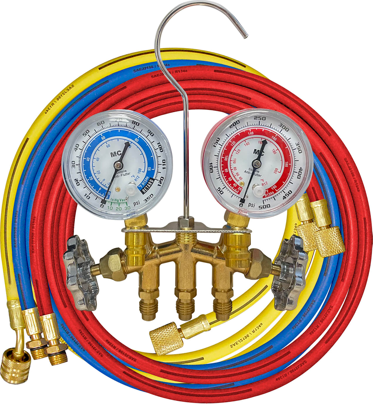 Mastercool 80636 - R134a 2-Way Brass Manifold Gauge Set without Couplers, 2 1/2″ Gauges, 3 - 36″ Hoses