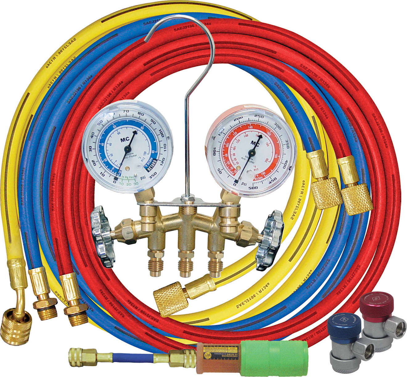 Mastercool 84661-UV - R134a 2-Way Brass Manifold Gauge Set, 2 1/2″ Gauges, 3 - 60″ Hoses