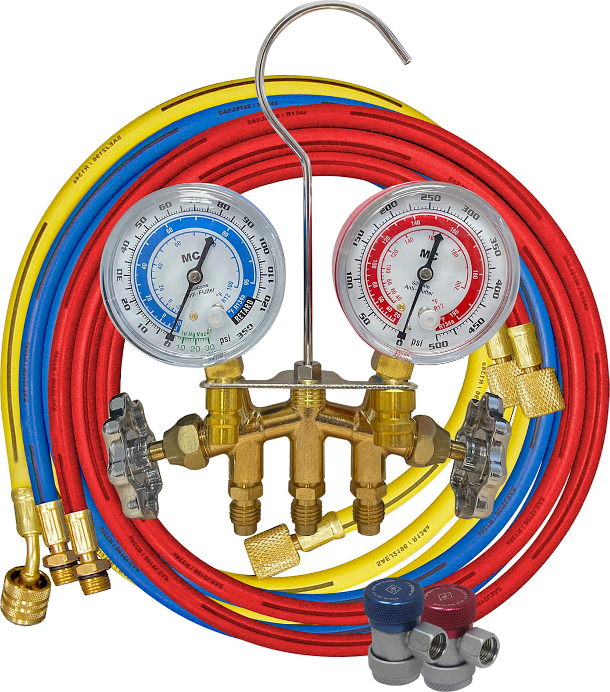 Mastercool 84772-M - Brass Manifold Metric Gauge Set, 3-183cm Hoses, 63mm Gauges