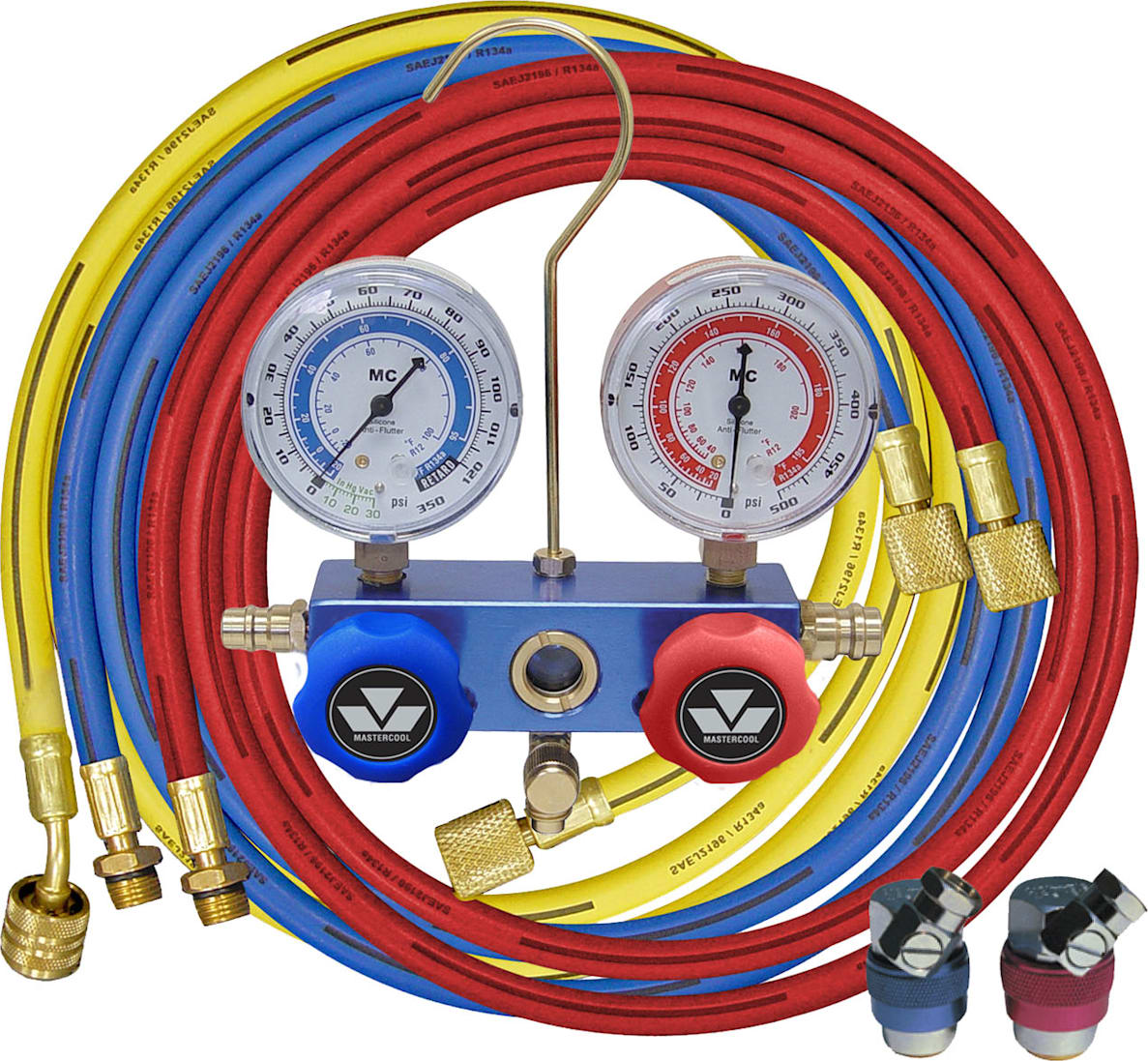Mastercool 87772 - R134a 2-Way Aluminum Manifold, 2 1/2″ Gauge Set w/72” Hoses & SNAP-n-SEAL 90˚ Couplers