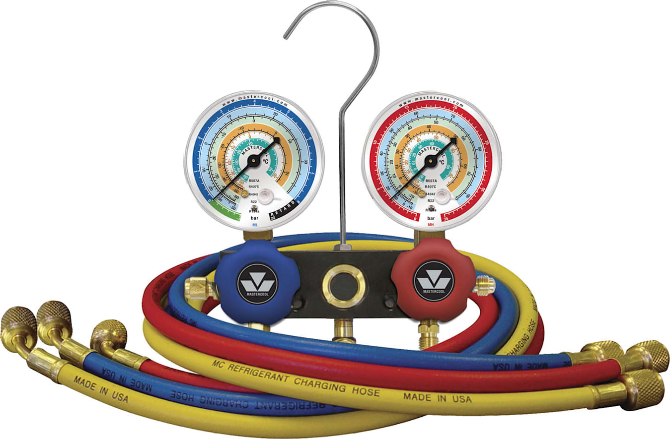 Mastercool 93772-MG - Aluminum Block Metric Manifold Set w/63mm Gauge, 3-183cm Hoses