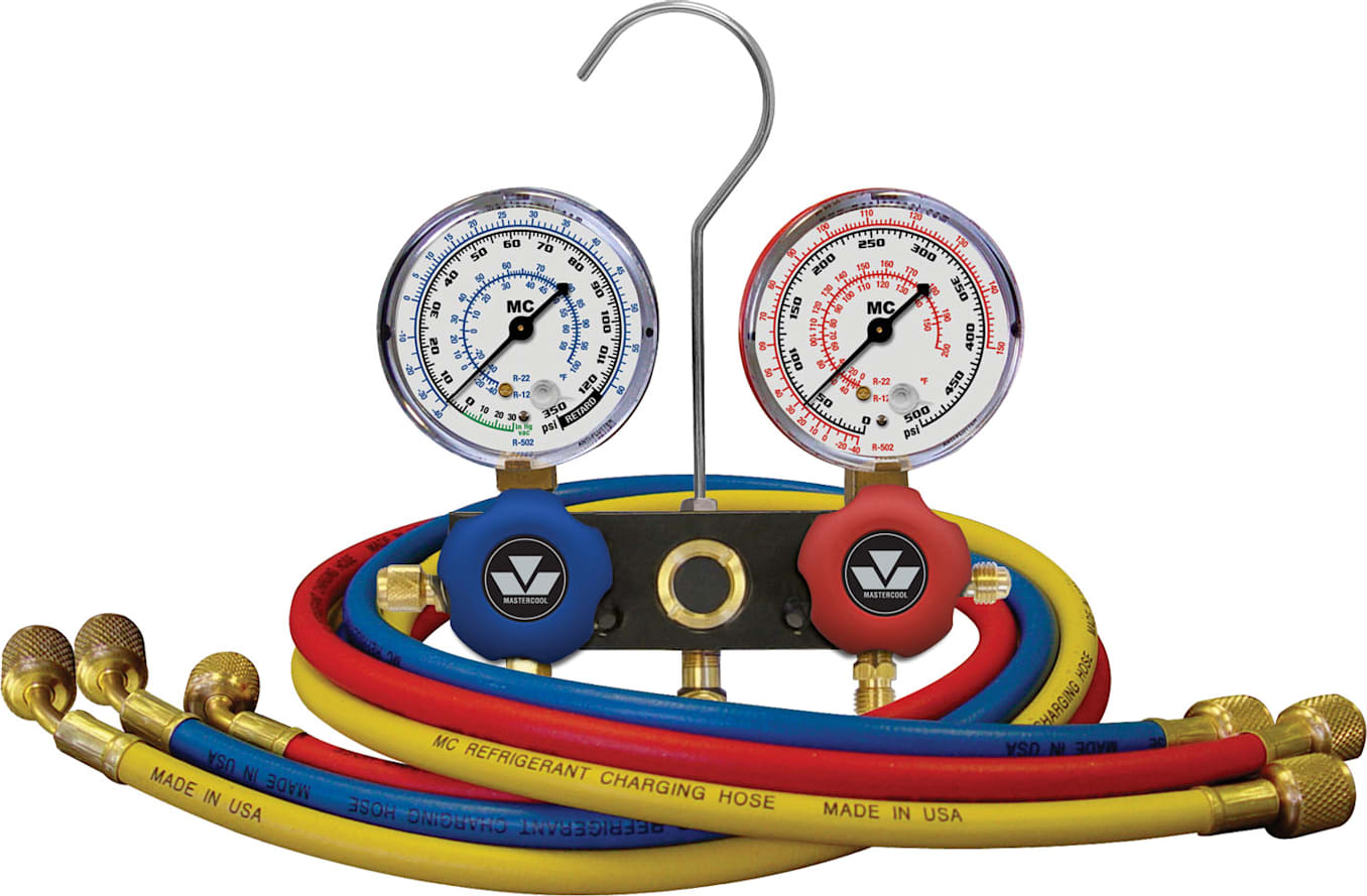Mastercool 93772 - R12, R22, R502 2-Way Aluminum Manifold Gauge Set, 2 1/2″ Gauges, 3 - 72″ Standard Hoses with Standard Fittings