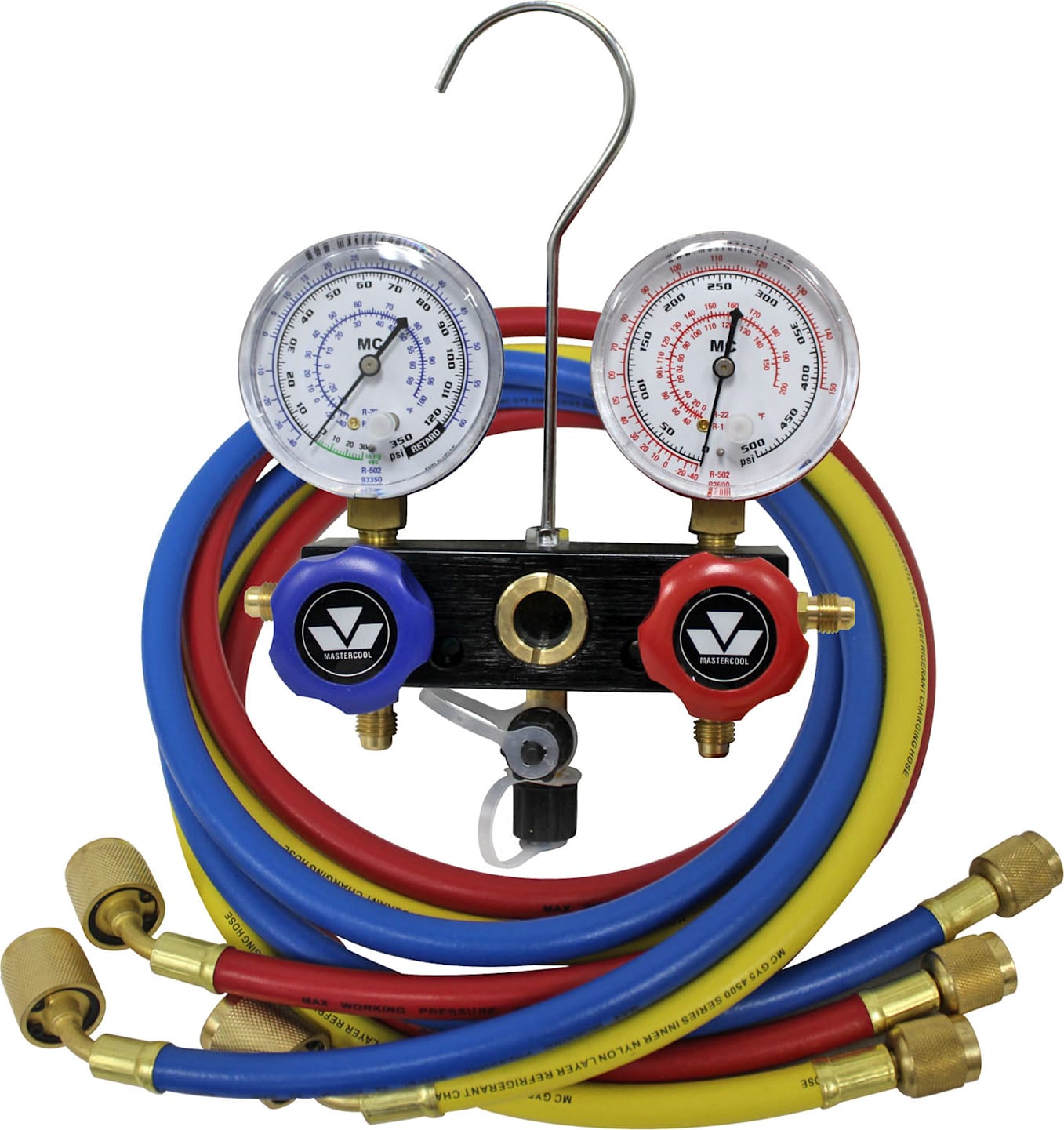 Mastercool 97661 - R12, R22, R502 2-Way Aluminum Manifold Gauge Set, 2 1/2″ gauges, 3 - 60″ Nylon Barrier Hoses