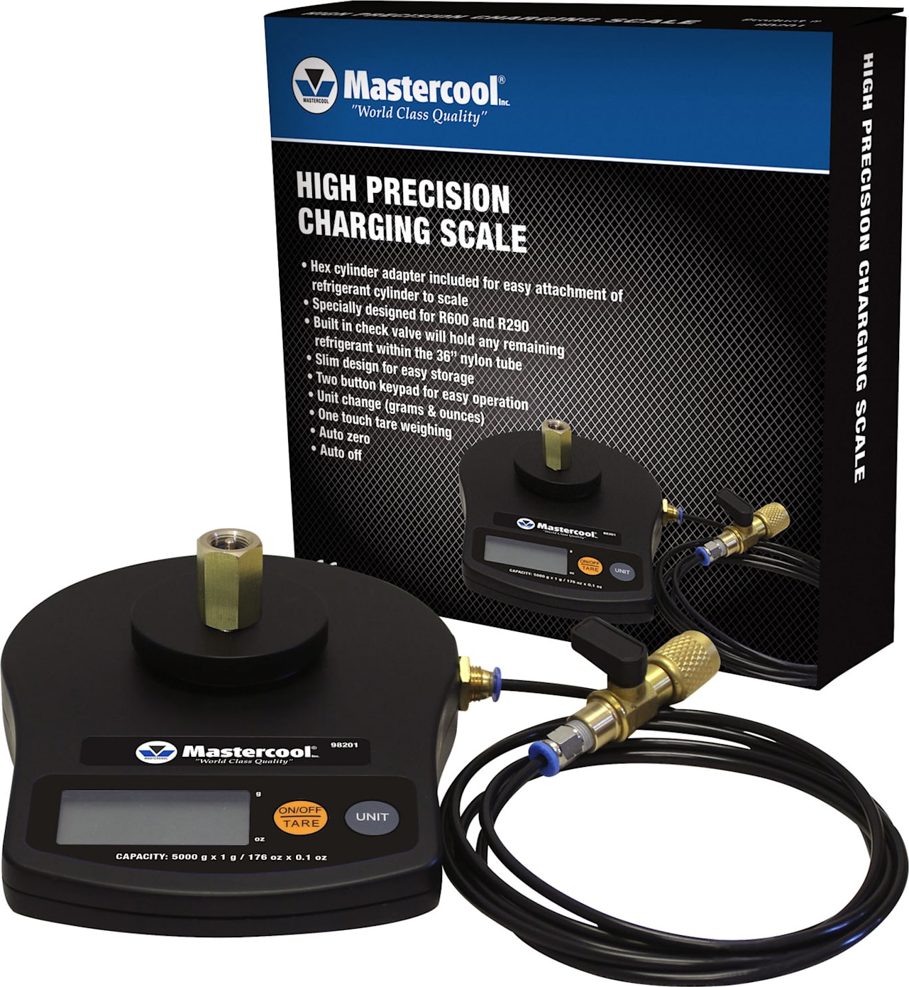 Mastercool 98201 - High Precision Charging Scale packaged in a cardboard box