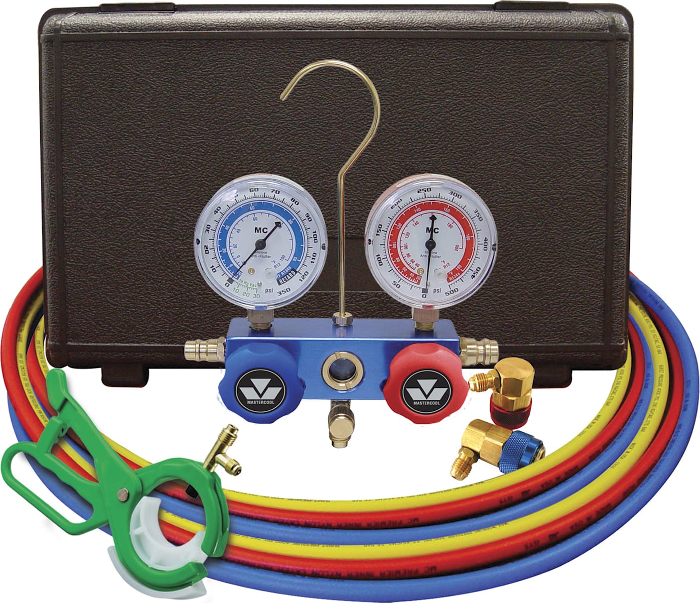Mastercool 98660-PROM - Dual R134a, R12 2-Way Manifold Gauge Set with 3-in-1 Side Mount Can Tap Valve