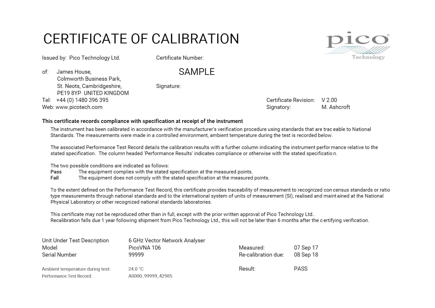Pico CC046 Calibration Certificate and Data for PicoVNA 106