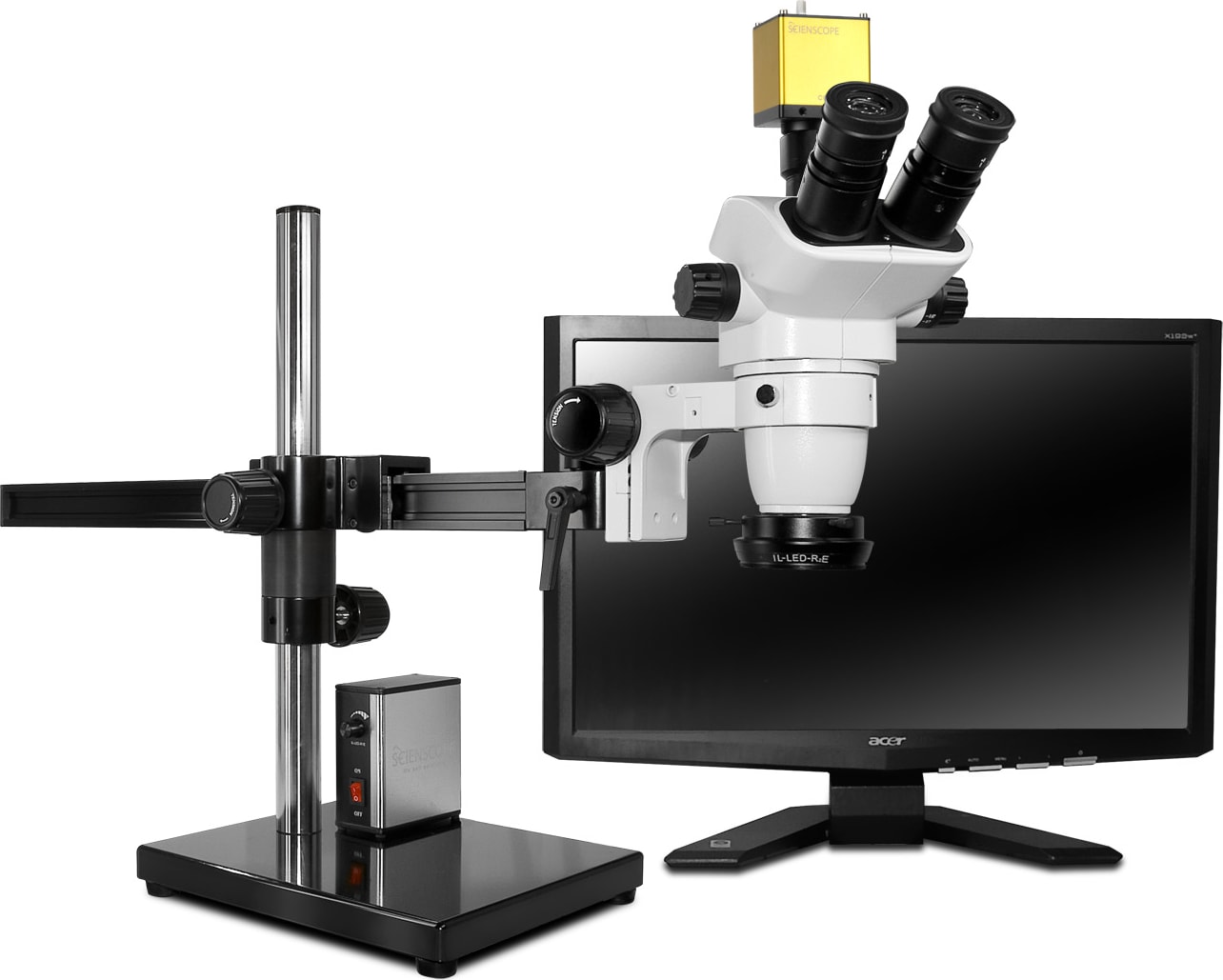 Scienscope CMO-PK7-LED-S Binocular Head Microscope System, 8-Point LED Ring Light, Single Arm Boom Stand