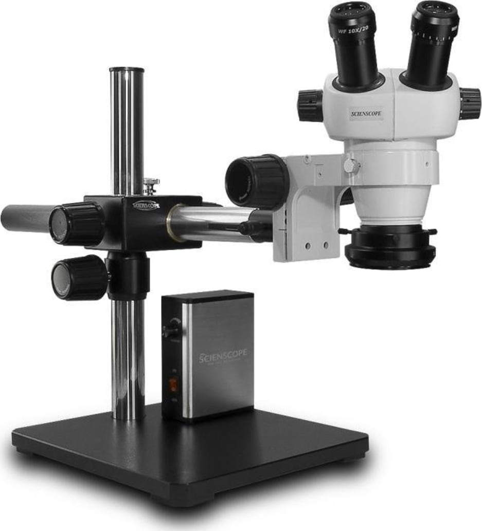 Scienscope ELZ-PK5-LED-D ELZ Stereo Zoom Binocular on Dual Arm Boom Stand w/ LED Ring Light