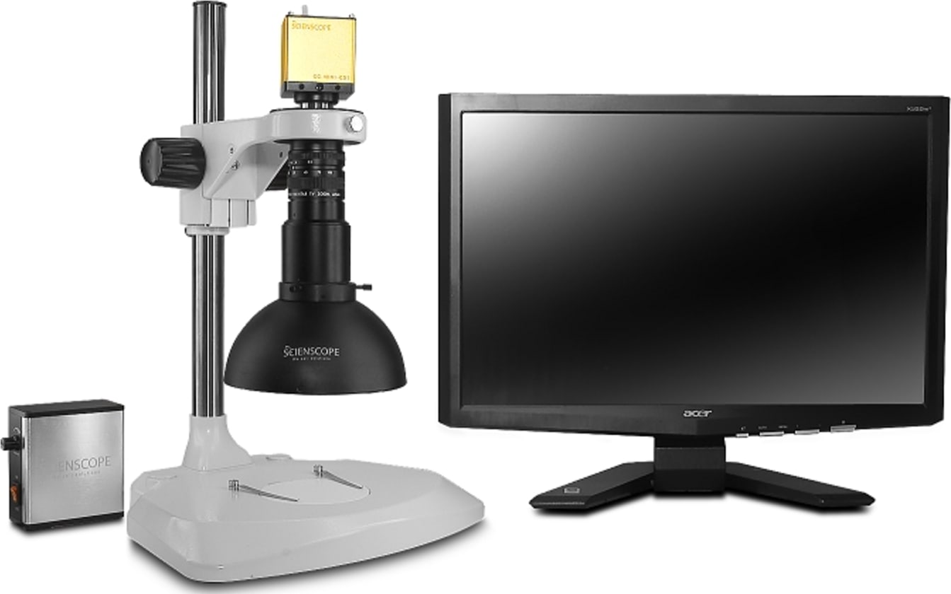 Scienscope MAC-PK1-DM-HD Macro Zoom Lens on Extened Post Stand with Defused LED Dome Ring Light & HD Camera