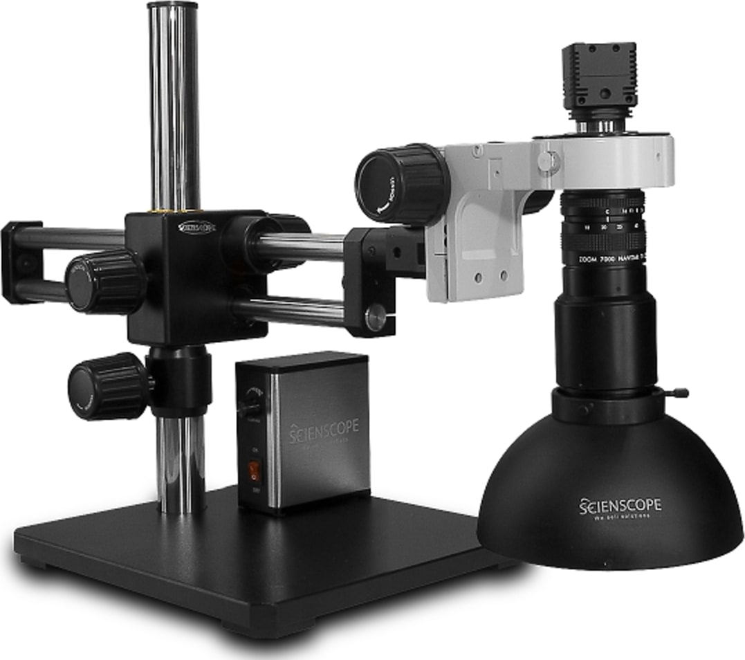 Scienscope MAC-PK5-DM-U-D Macro Zoom Lens on Dual Arm Boom Stand with USB2.0 Camera & Defused LED Dome Ring Light