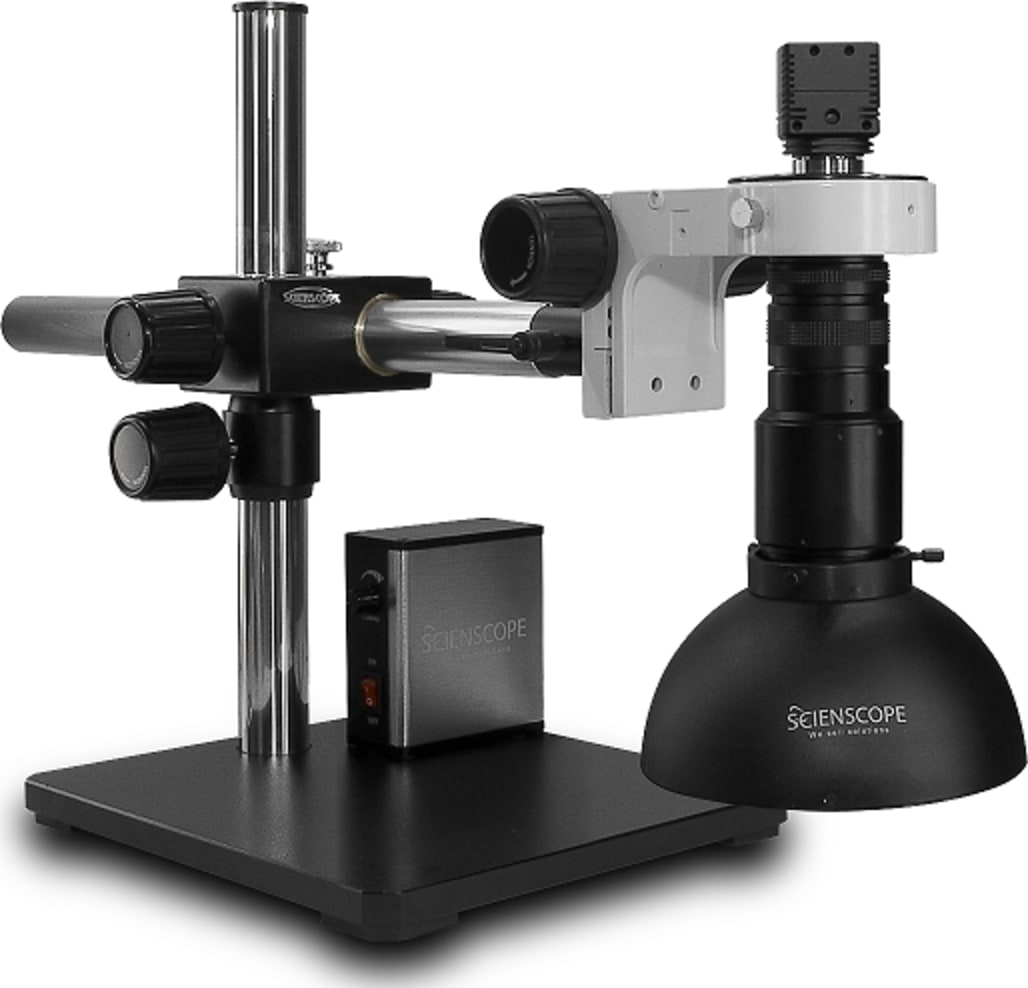 Scienscope MAC-PK5-DM-U-S Macro Zoom Lens on Single Arm Boom Stand with USB2.0 Camera & Defused LED Dome Ring Light